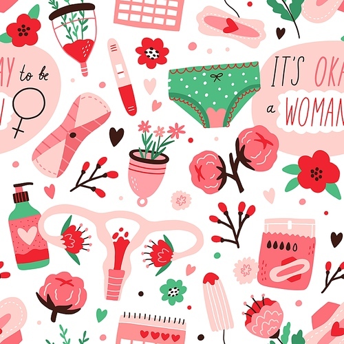 Seamless pattern with menstruation blood, women underwear, menstrual cup, reusable sanitary napkin, uterus and flowers on white background for printing. Colored flat vector illustration for wrapping.