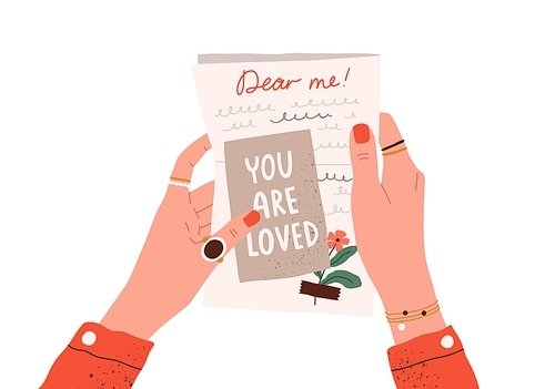 Female hands holding postcard and handwritten love letter to her future self. Woman reading message written in past. Mail to yourself concept. Flat vector illustration isolated on white .