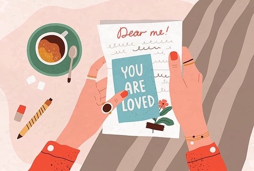 Female hands holding postcard and handwritten letter. Concept of self-love and care. Sending post card and writing message to yourself in future with inspirational text. Flat vector illustration.