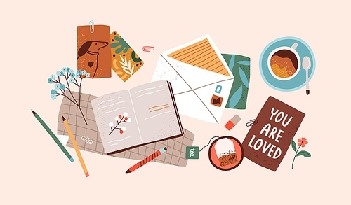 Top view of open notebook, envelope, postcards, greeting cards, pens and cups of tea and coffee. Preparation for holidays. Composition of scattered objects. Colored flat vector illustration.