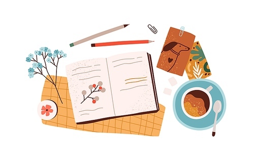 Top view of open notebook or diary with notes, postcards, greeting cards, pens and cup of coffee. Preparation for holidays. Composition of scattered objects. Colored flat vector illustration.