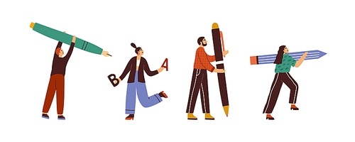 People writing, hold pencils and pens in hands. Set of writers, journalists, editors, copywriters, creators drawing, handwriting and creating sth. Flat vector illustration isolated on white .