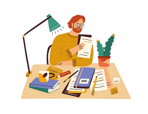 Novel writer at desk with books and papers. Creative author sitting at table and writing. Editor in glasses working with literature at workplace. Flat vector illustration isolated on white .
