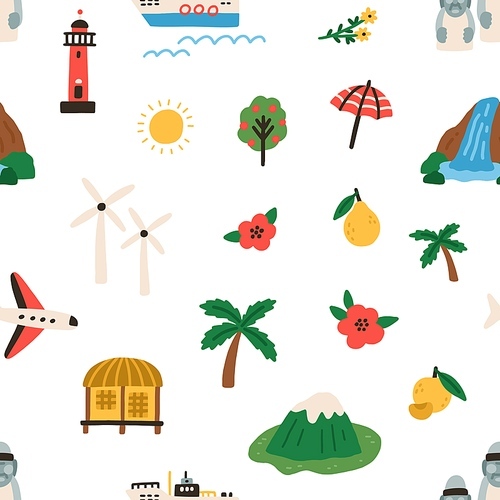 Seamless Korean pattern with Jeju islands landmarks on white background. Travel Korea, repeating backdrop with mountains, waterfall, lighthouse, fruits, plane and harubang. Flat vector illustration.
