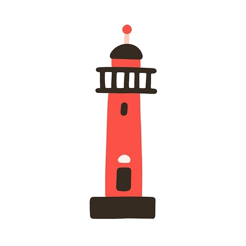 Lighthouse building in doodle style. Sea coast architecture. Marine nautical coastal tower. High light house. Colored flat vector illustration isolated on white .