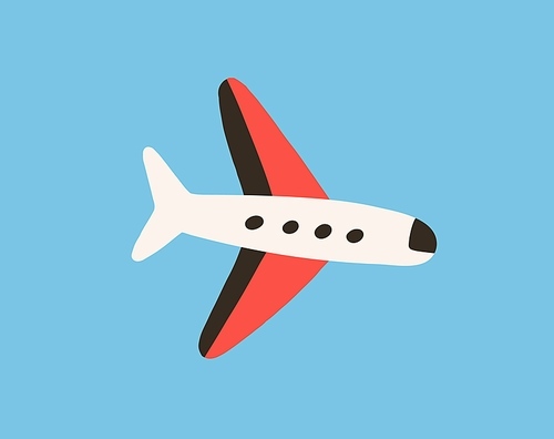 Air plane flying in clear sky. Flight of toy aircraft. Doodle airplane with wings fly. Traveling by aeroplane. Airliner side view. Childish colored flat vector illustration.