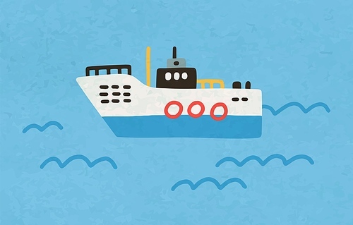 Ship floating in ocean water. Toy marine boat in doodle style. Side view of childish nautical vessel with lifebuoys. Seascape with swimming transport. Flat vector illustration.