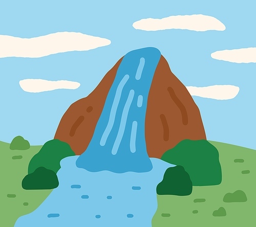 Mountain with waterfall on Jeju island in Korea. Stream of water fall flowing from mounts peak. Korean landscape with touristic nature landmark Jeongbang in doodle style. Flat vector illustration.
