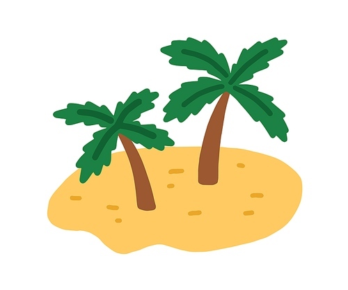 Sand island with palm trees. Tropical deserted uninhabited land with exotic plants and sandy beach in doodle style. Flat vector illustration isolated on white .