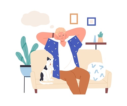 Relaxed person imagining and dreaming of smth pleasant. Happy man with closed eyes resting at home, thinking and fantasizing. Guy in his thoughts. Flat vector illustration isolated on white .