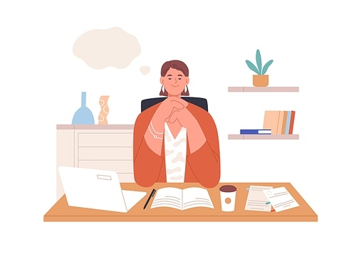 Happy relaxed person dreaming at work in office. Inspired creative employee resting and thinking, imagining smth in thought bubble and writing. Flat vector illustration isolated on white .