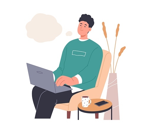 Happy inspired person dreaming and creating ideas while typing smth on laptop. Creative dreamy man thinking and imagining in thought bubble. Flat vector illustration isolated on white .