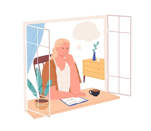 Relaxed happy person dreaming, imagining smth after reading book. Woman resting by window at home and thinking, fantasizing. Female in thoughts. Flat vector illustration isolated on white .