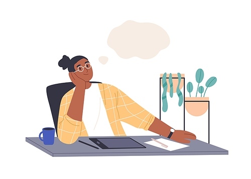 creative person thinking and dreaming at work. woman creating and imagining in thoughts. inspired employee with ideas in mind and tablet on desk. flat vector illustration isolated on .