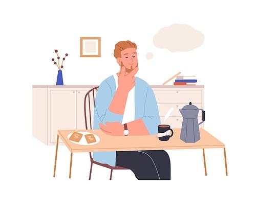Relaxed thoughtful person imagining and dreaming of smth pleasant at home kitchen. Happy man resting in his thoughts, thinking and fantasizing. Flat vector illustration isolated on white .