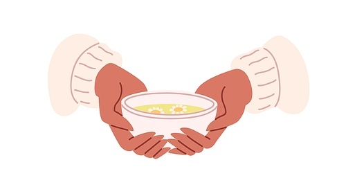 Hands holding hot chamomile tea bowl. Herbal camomile beverage with flowers in cup. Woman in sweater warming palms with teacup. Teatime concept. Flat vector illustration isolated on white .
