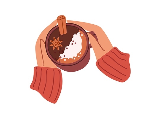 Cup of mulled wine with winter spices in hands in warm sweater. Mug of gluhwein, hot spicy Christmas drink with cinnamon stick and star anise. Flat vector illustration isolated on white .