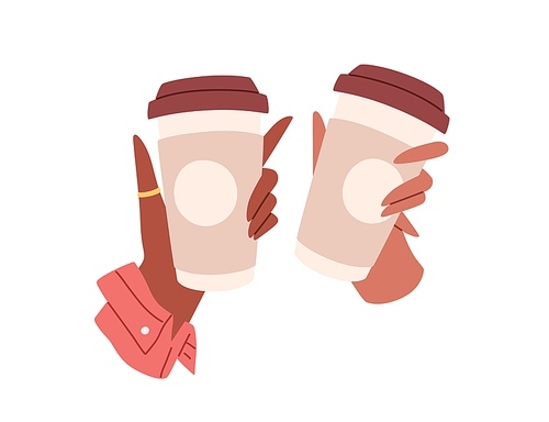 Takeaway coffee cups in women hands. Females holding take-away disposable coffe mugs with plastic lids. Hot cappuccino to go. Flat vector illustration isolated on white .