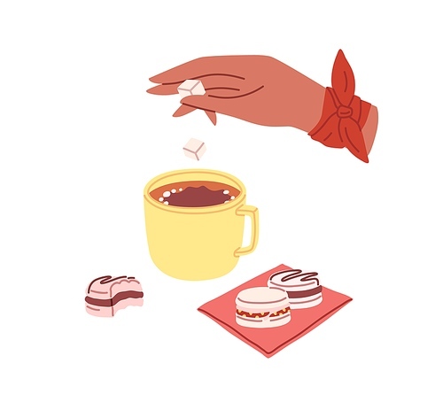 Hand adding and pouring sugar lumps into tea cup. Person sweetening coffee in mug. Sweet coffe drink and macarons dessert. Flat vector illustration isolated on white .