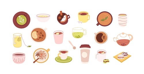 Coffee and tea in cups, mugs, bowls and teapot. Hot healthy drinks and winter warming beverages set. Fresh latte, matcha, cocoa, cappuccino. Flat vector illustration isolated on white .