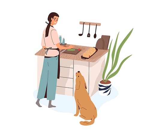 Woman cooking food for home dinner at kitchen. Happy person preparing meat dish. Female cook meal, dog looking and asking for sth. Housewife making meatloaf. Flat vector illustration isolated on white.