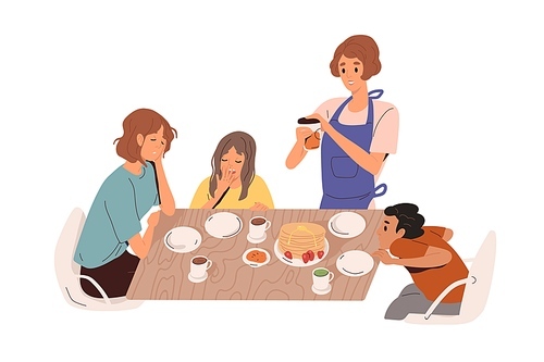 Mother serving breakfast while sleepy kids sitting at table in morning. Family with children eating home food, pancakes with sweet honey. Flat graphic vector illustration isolated on white .