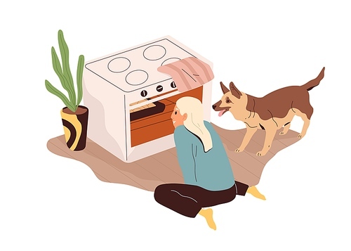 Person and dog looking at oven with pie baking. Happy child waiting for home meal to be prepared in kitchen. Girl and cooking process in stove. Flat vector illustration isolated on white .