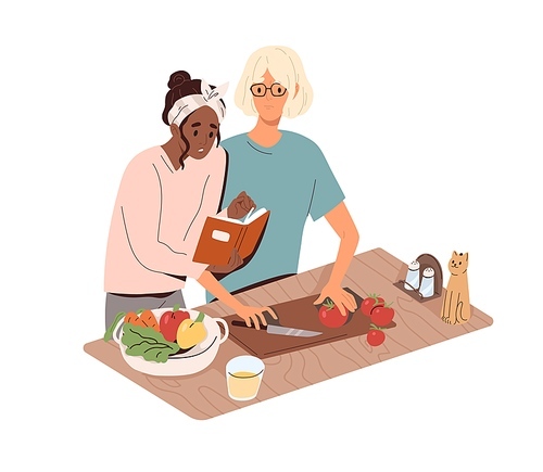 Couple cook with culinary book, reading recipe. Young man and woman cooking salad, preparing healthy vegetable dish together at home kitchen. Flat vector illustration isolated on white .