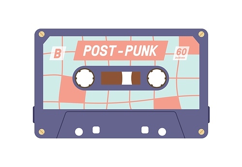 Audio cassette from 80s. Retro tape records of 90s music. Old analog casette. Compact audiocassette of 1980s and 1990s. Nostalgic object. Colored flat vector illustration isolated on white .