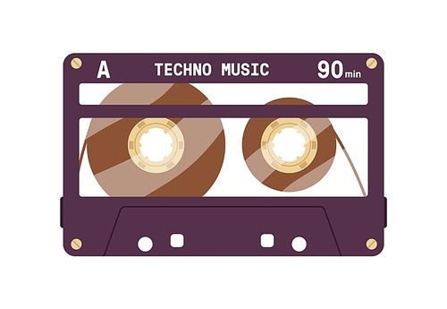 Audio cassette from 90s. Retro magnetic tape record of techno music. Old analogue transparent casette. Obsolete audiocassette of 1990s. Colored flat vector illustration isolated on white .