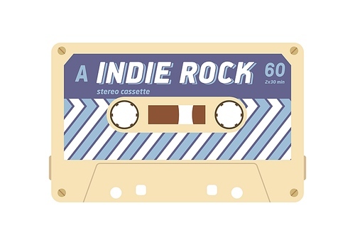 Audio cassette with mix tape of indie music records. Magnetic stereo casette of 80s. Retro analogue mixtape. Compact audiocassette. Flat vector illustration of audiotape isolated on white .