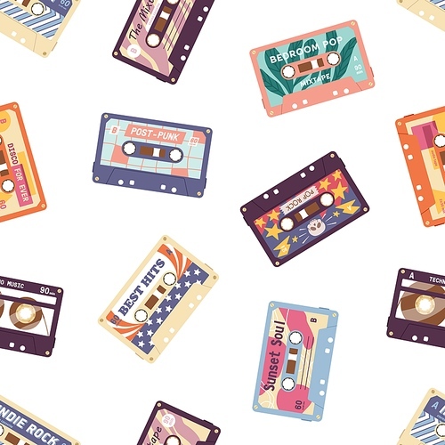 Retro music card design. Square background template with frame of cassettes, vinyls in 60s and 70s style. Musical nostalgic event promotion post for social media. Colored flat vector illustration.