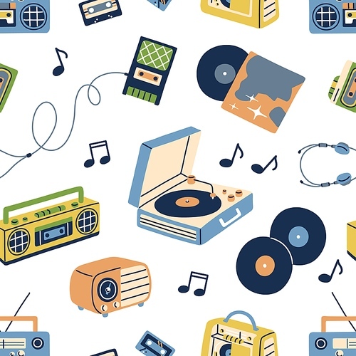 Retro music pattern. Seamless background with old cassettes, boomboxes, turntables, tape recorders and vinyls in 60s and 70s styles. Repeating texture for printing. Colored flat vector illustration.