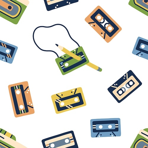 Retro cassette pattern. Seamless music background with 90s casette tapes and pencils. 80s endless repeating texture for printing. Repeatable backdrop. Printable flat vector illustration for decoration.