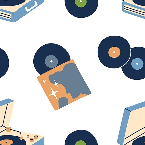 Music vinyl records pattern. Seamless retro background with gramophone discs and old turntable players. Endless texture with repeating . Flat vector illustration for wrapping and decoration.
