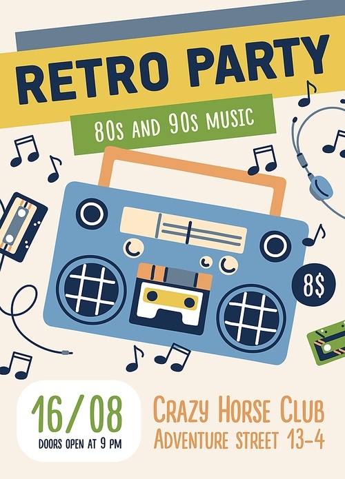 80s and 90s retro music party flyer design. Poster template for nostalgia event in 1980s and 1990s style. Ad placard of eighties and nineties festival. Flat vector illustration of promo card.