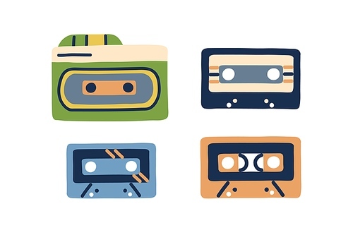 Retro cassettes set. Tape records of 80s and 90s. Old audio music casettes of eighties and nineties. Compact audiocassettes in doodle style. Flat vector illustration isolated on white .