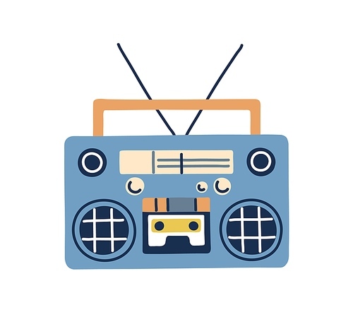 Retro boombox, audio tape recorder in 80s and 90s style. Stereo music player with radio and loudspeakers. Ghetto blaster for cassette playing. Flat vector illustration isolated on white .