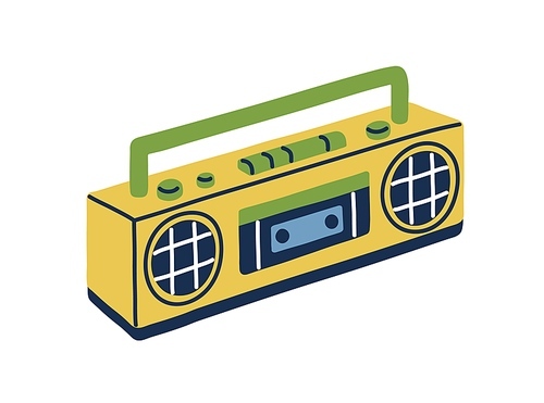 Retro tape recorder in 80s and 90s style. Cassette audio player with loudspeakers and handle. 1980s stereo boombox. Old-school equipment. Flat vector illustration isolated on white .