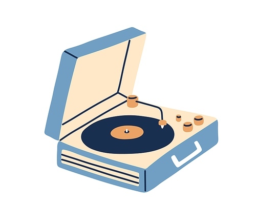 Portable turntable with vinyl playing. Retro music record player in suitcase of 50s. Old gramophone with analog grooved LP disc. Flat vector illustration of phonograph isolated on white .