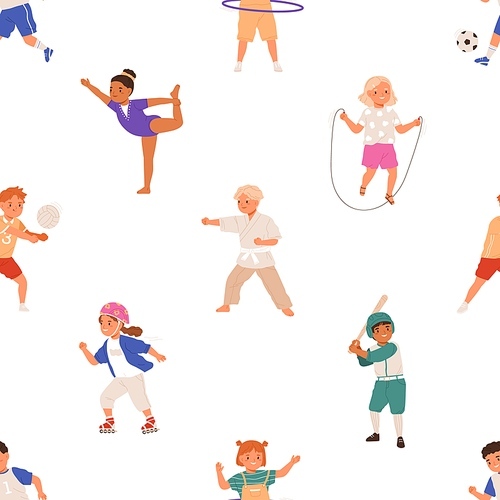 Seamless pattern with healthy sports activities for children. Endless repeating background with active boys and girls. Texture with different happy kids athletes. Colored flat vector illustration.