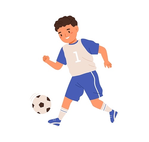 Boy playing soccer, running and kicking ball with foot. Child, football player in sportswear training. Happy kid athlete at sports game. Colored flat vector illustration isolated on white .