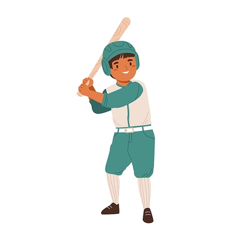 Baseball player, boy playing sports game. Hitter in helmet standing with bat. Happy child athlete training. Active smiling kid in sportswear. Flat vector illustration isolated on white .