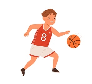 Boy, basketball player dribbling with ball. Child athlete in sportswear during sports activity. Happy active kid training. Flat vector illustration of little schoolboy isolated on white .
