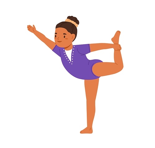 Happy girl gymnast exercising. Little child doing gymnastics. Cute kid at gym balancing posture. Junior acrobat training. Sports activity. Flat vector illustration isolated on white .
