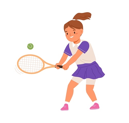 Girl playing tennis, serving ball with racket. Happy kid in skirt training. Active child doing sports. Junior athlete exercising. Colored flat vector illustration isolated on white .