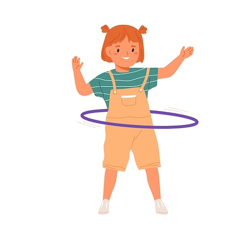 Cute girl twirling hula hoop around waist. Little smiling kid having fun with toy ring. Happy active carefree child at leisure time. Flat vector illustration isolated on white .