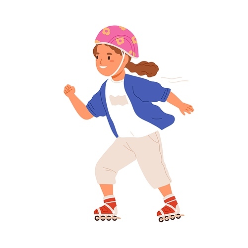 Girl skating on roller skates. Happy cute kid rolling on rollerskates. Child in helmet during summer sport activity with wheel shoes. Colored flat vector illustration isolated on white .
