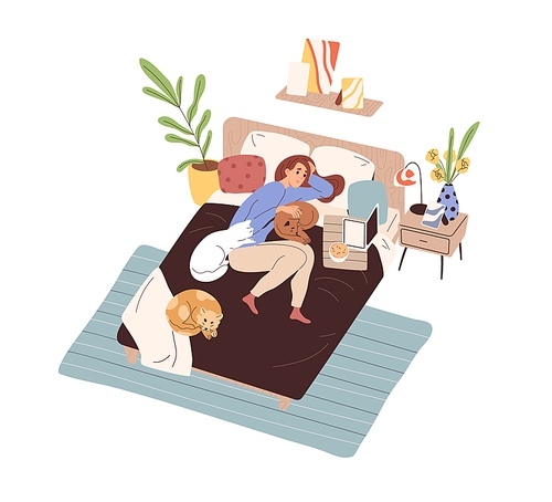 Woman lying on bed with laptop and cats around. Lazy person relaxing in bedroom at home, watching movies at weekend. Leisure time with series. Flat vector illustration isolated on white .