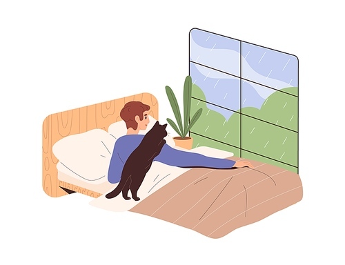 Person and cat looking through window and rain outside. Man lying and relaxing in comfort in cozy bed under blanket at home in rainy weather. Flat vector illustration isolated on white .